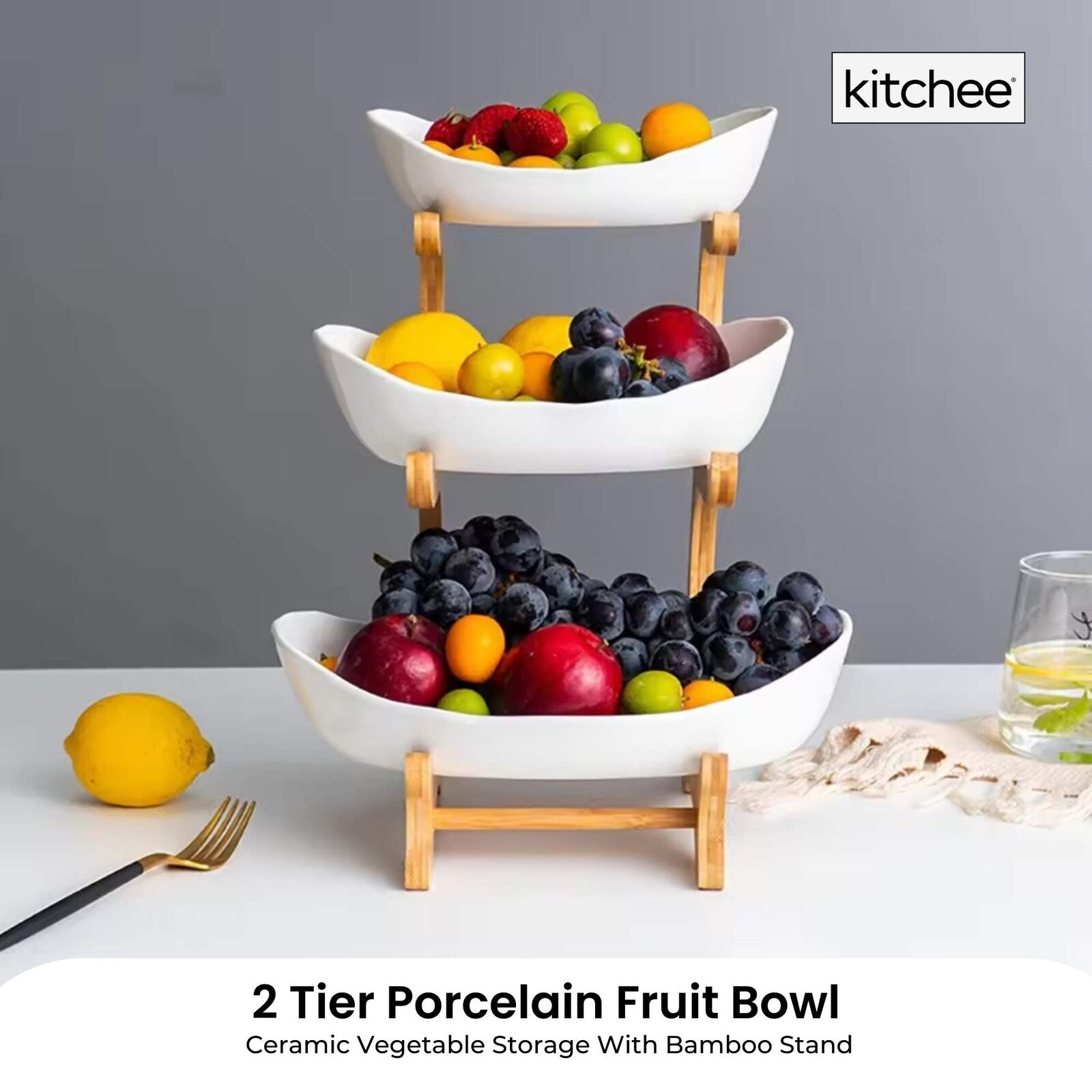 3 Tier Porcelain Fruit Bowl - Ceramic Vegetable Storage With Bamboo Stand Price