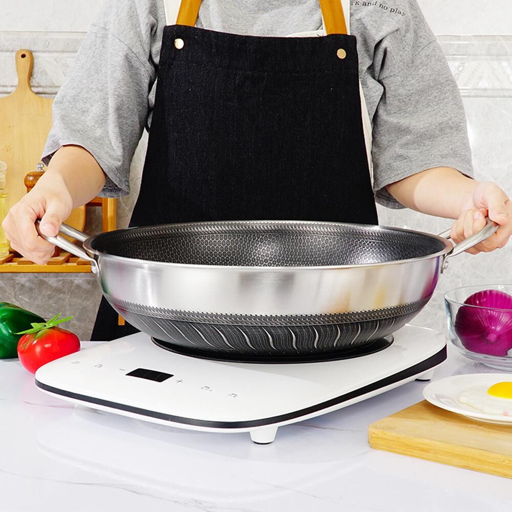 304 Stainless Steel 34cm Double Ear Non-Stick Stir Fry Cooking Kitchen Wok Pan Without Lid Honeycomb Double Sided Price