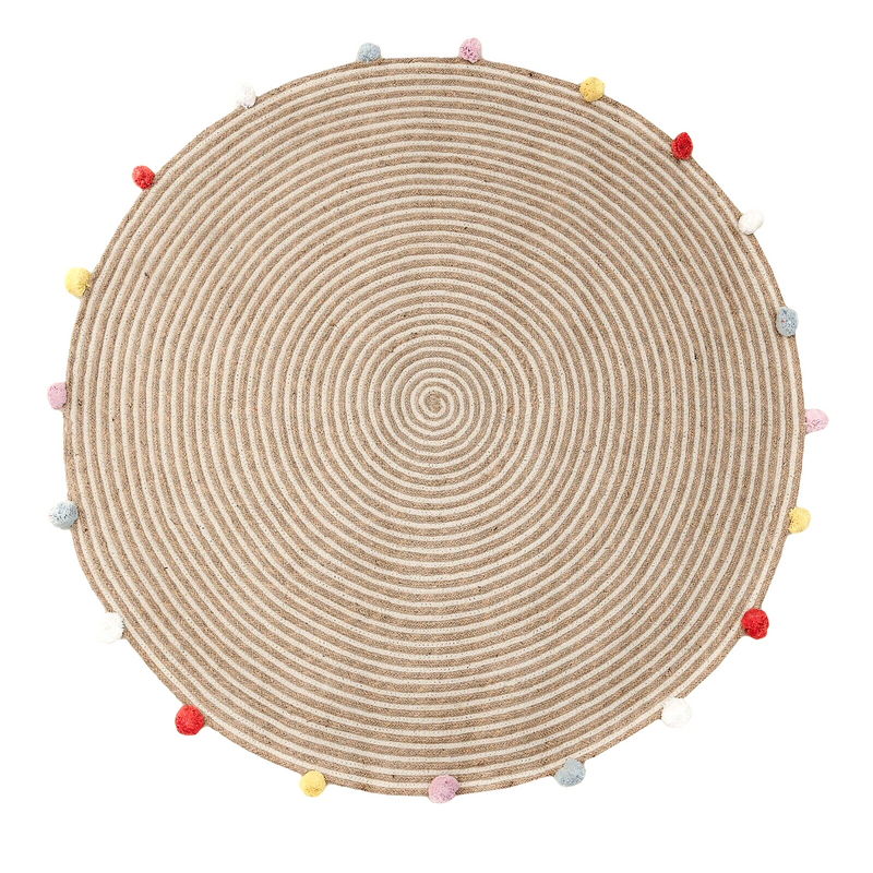 Round Woven Jute Cotton Multicolour Pompom Rug 120 cm Price