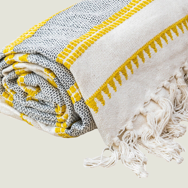 Woven Jacquard Tassel Natural Yellow Stripe Bed Sofa Throw 127 x 152 cm Price