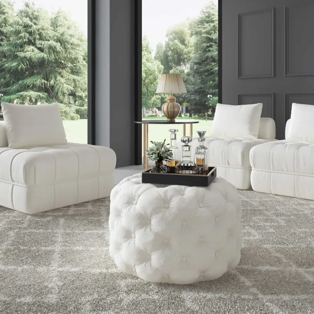 Boucle White Ottoman-Round Price