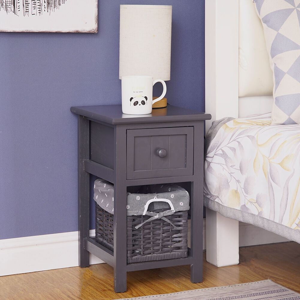 Grey Bedside Table with Wicker Basket Price