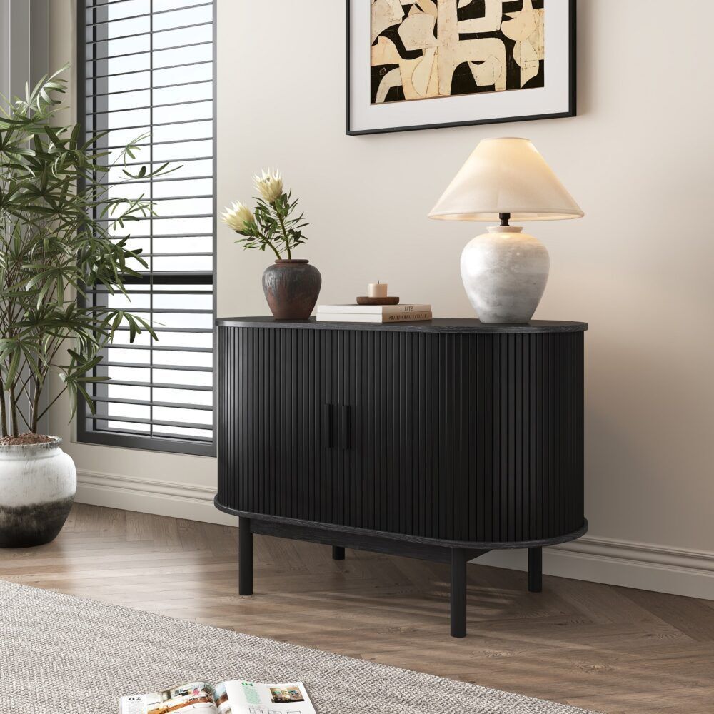 Mid-Century Black Ribbed Sideboard Cabinet Price