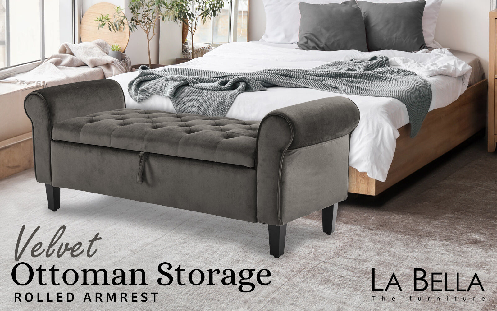 Storage Ottoman Stool Arm Bench Seat 132cm Velvet GREY Price