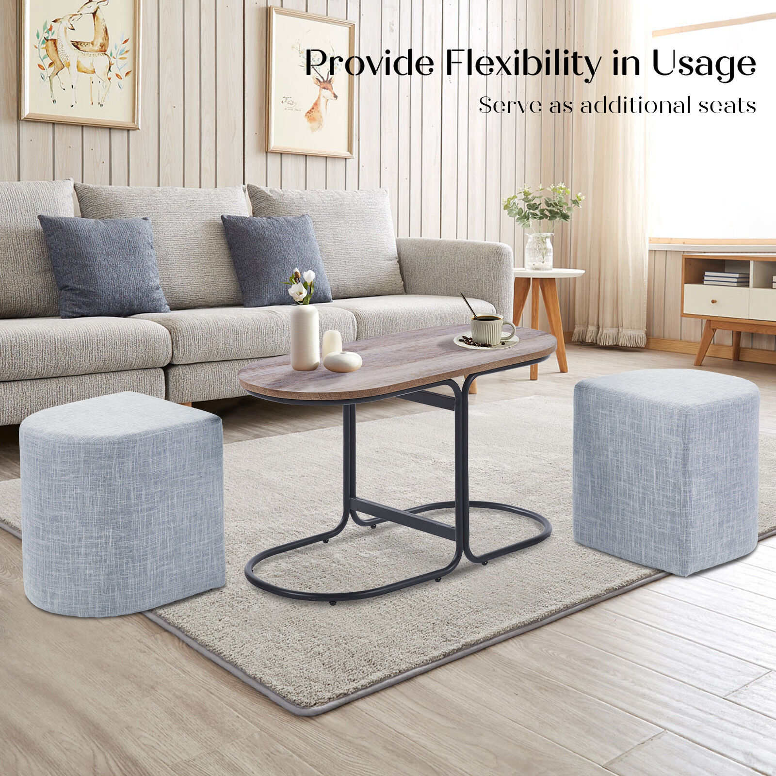 3 Piece Set Coffee Table & Ottoman Wood Side End Table Industrial - DARK GREY Price