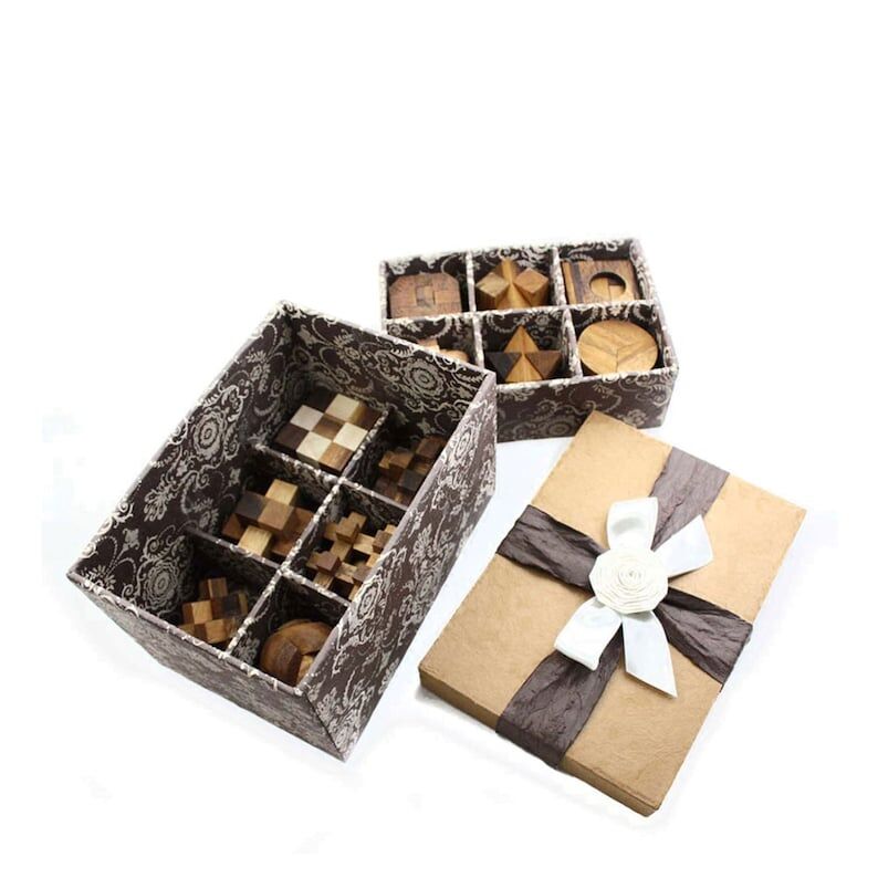 12 unique hand made wooden Puzzles in a Deluxe Gift Box Set-for kids or adults Price