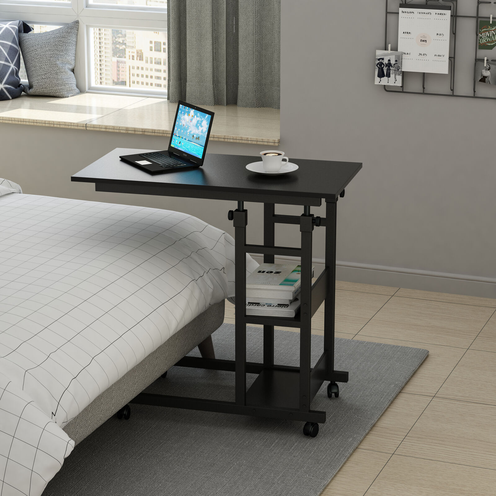 Side Table with Storage Shelves, Height Adjustable Sofa Couch Coffee End Table Bedside Table Laptop Desk with Wheels Price