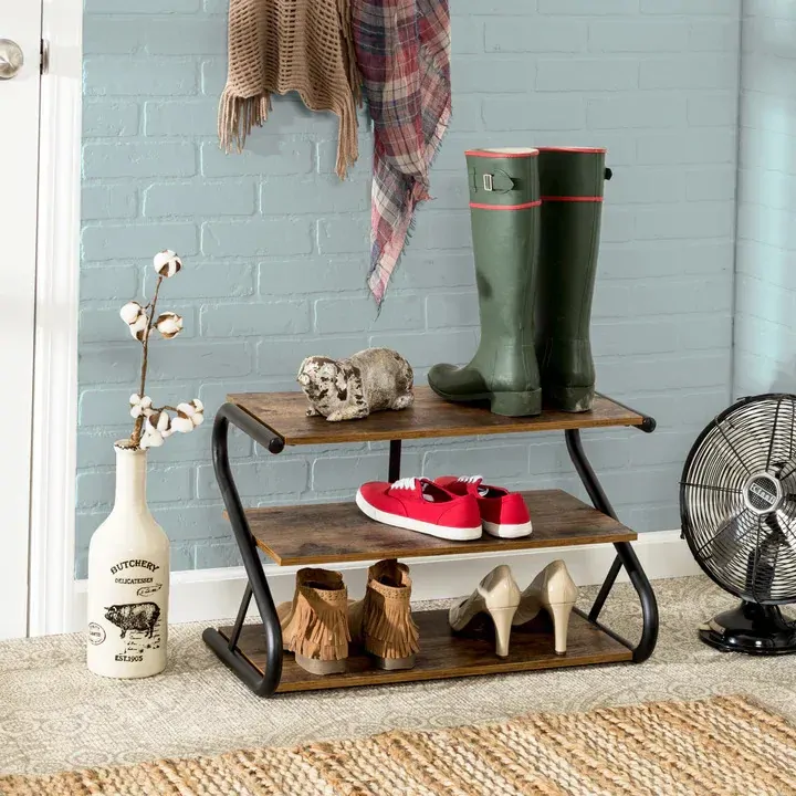 Matte Black Frame Rustic Wood 3-Tier Medium Shoe Rack Shelf Stand Storage Organizer Price