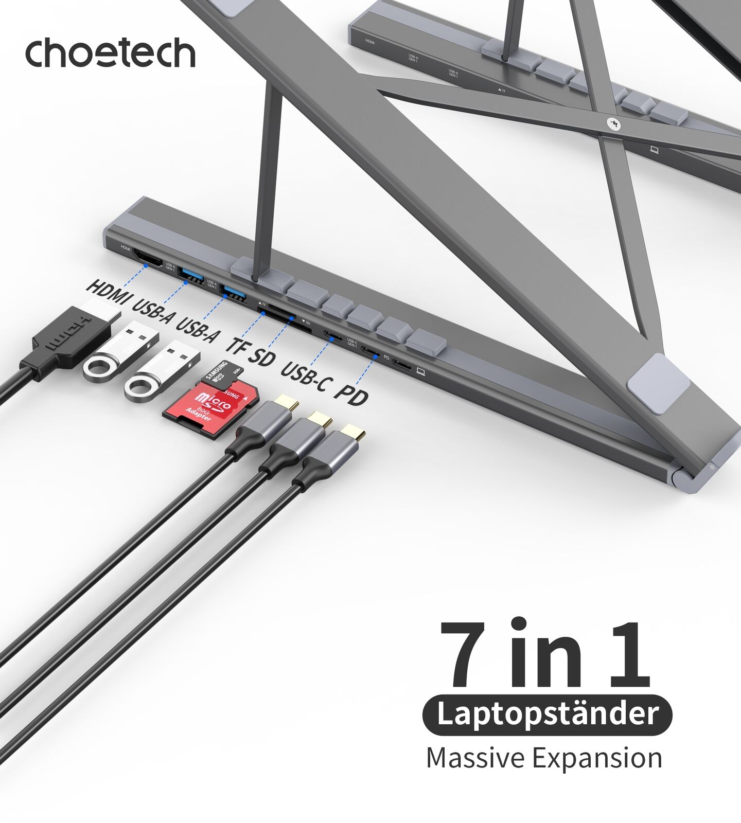 CHOETECH HUB-M48 7-in-1 Hub + Foldable Laptop stand USB-C to HDMI 4K/USB-A/TF&SD/USB-C with PD Charging Price