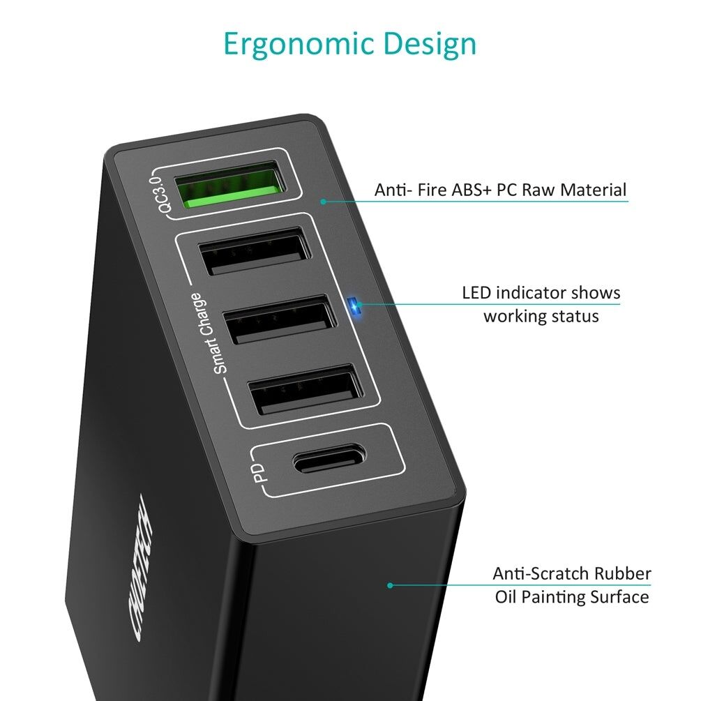 CHOETECH Q34U2Q 5-Port 60W PD Charger with 30W Power Delivery and 18W Quick Charge 3.0 Price