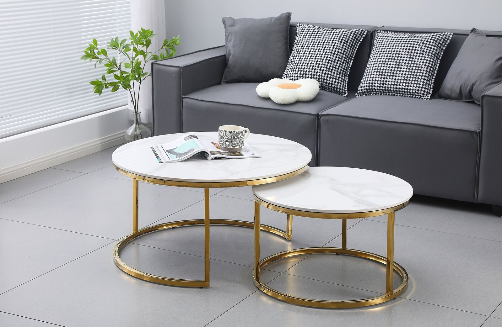 Nesting Style Coffee Table - White on Gold Stainless Steel - 80cm/60cm Price