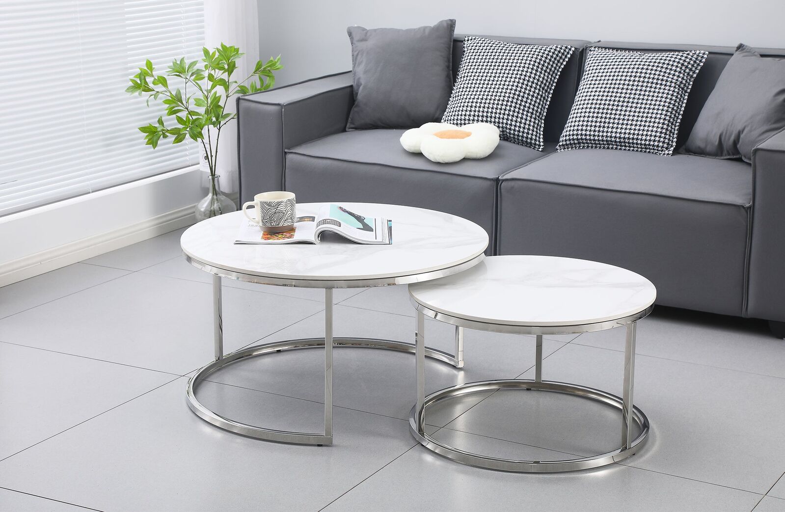 Nesting Style Coffee Table - White on Silver Stainless Steel - 80cm/60cm Price