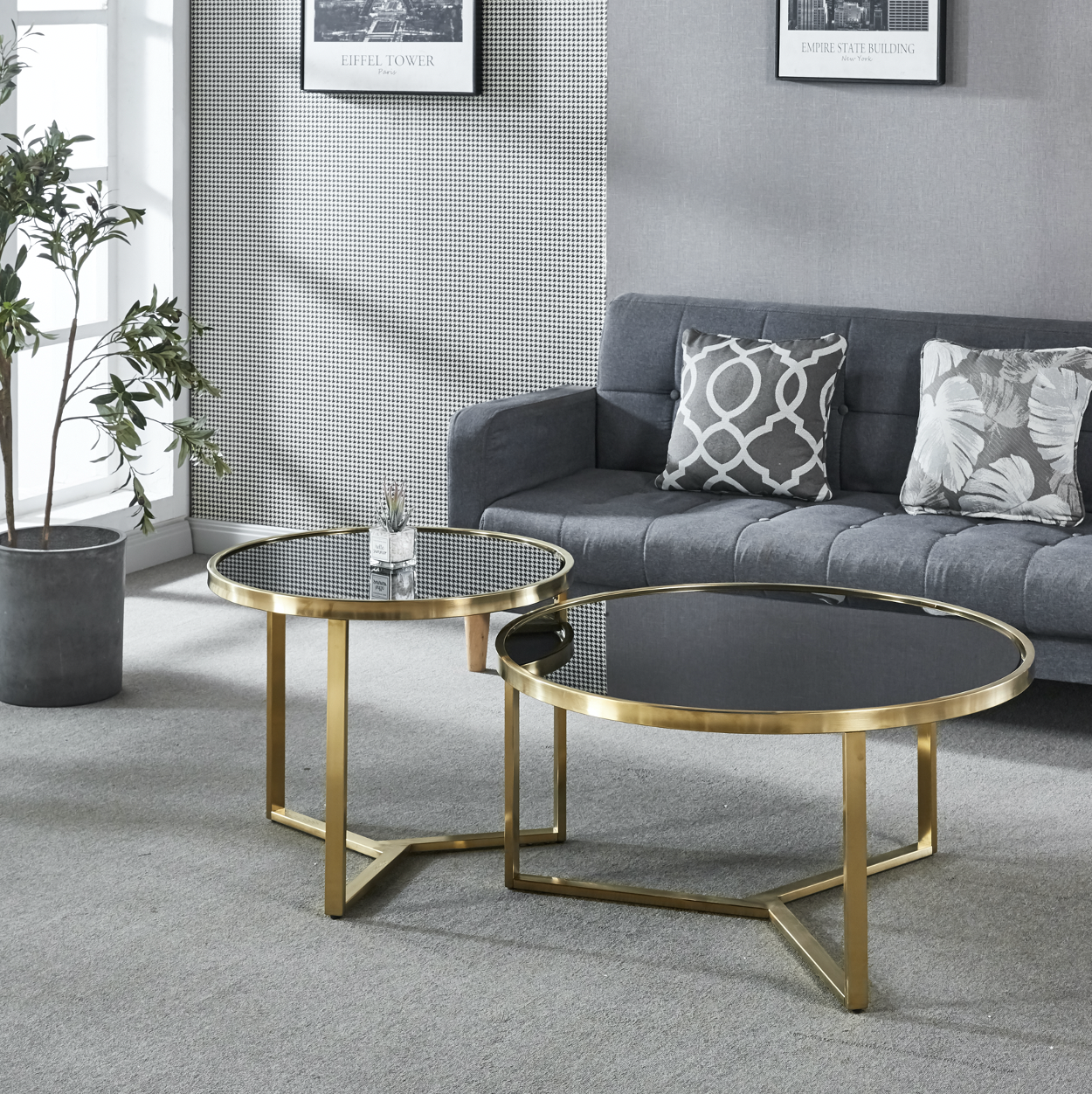 Designer Giselle Black Glass & Brushed Gold Coffee Table Set Price
