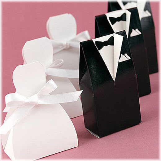 100 Pack of 50 Bride Gown and 50 Groom Tux Wedding Bridal Bomboniere Favor Candy Choc Almond Box - NW Price