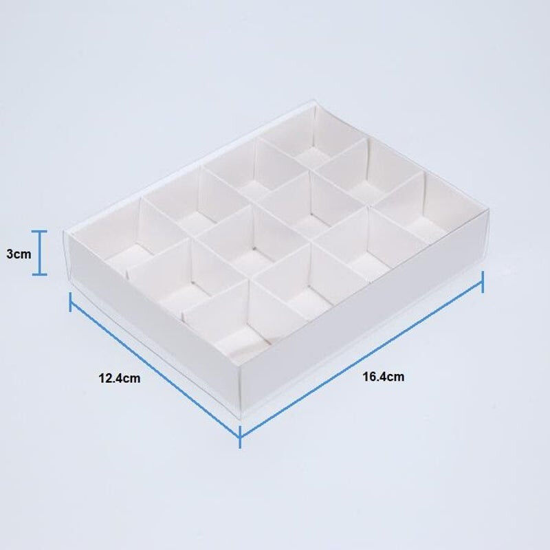 100 Pack of White Card Chocolate Sweet Soap Product Reatail Gift Box - 12 bay 4x4x3cm Compartments - Clear Slide On Lid - 16x12x3cm Price