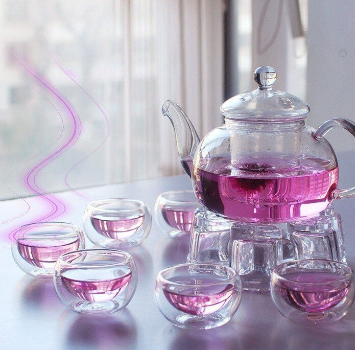 1 Set of Gongfu Chinese Ceremony Tea Set - 6 Glass cups with Infuser and Tealight Candle Pot Warmer Price