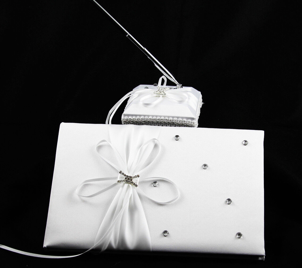 White Wedding Guest Book Register with Silver Pen Matching Stand Set 36 Lined Pages - White Ribbon and Diamante Bow Cover Price