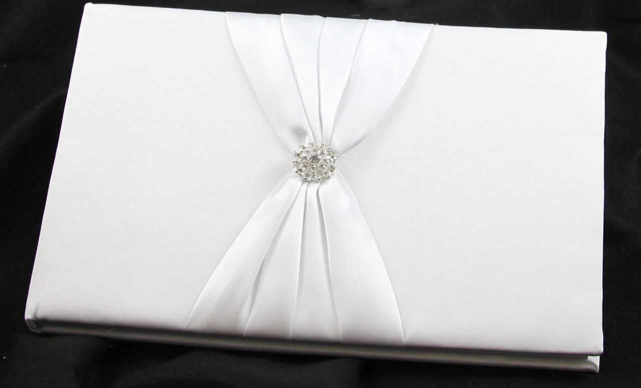 White Wedding Guest Book Register with Silver Pen Matching Stand Set 36 Lined Pages - White Sach Diamante Cover Price