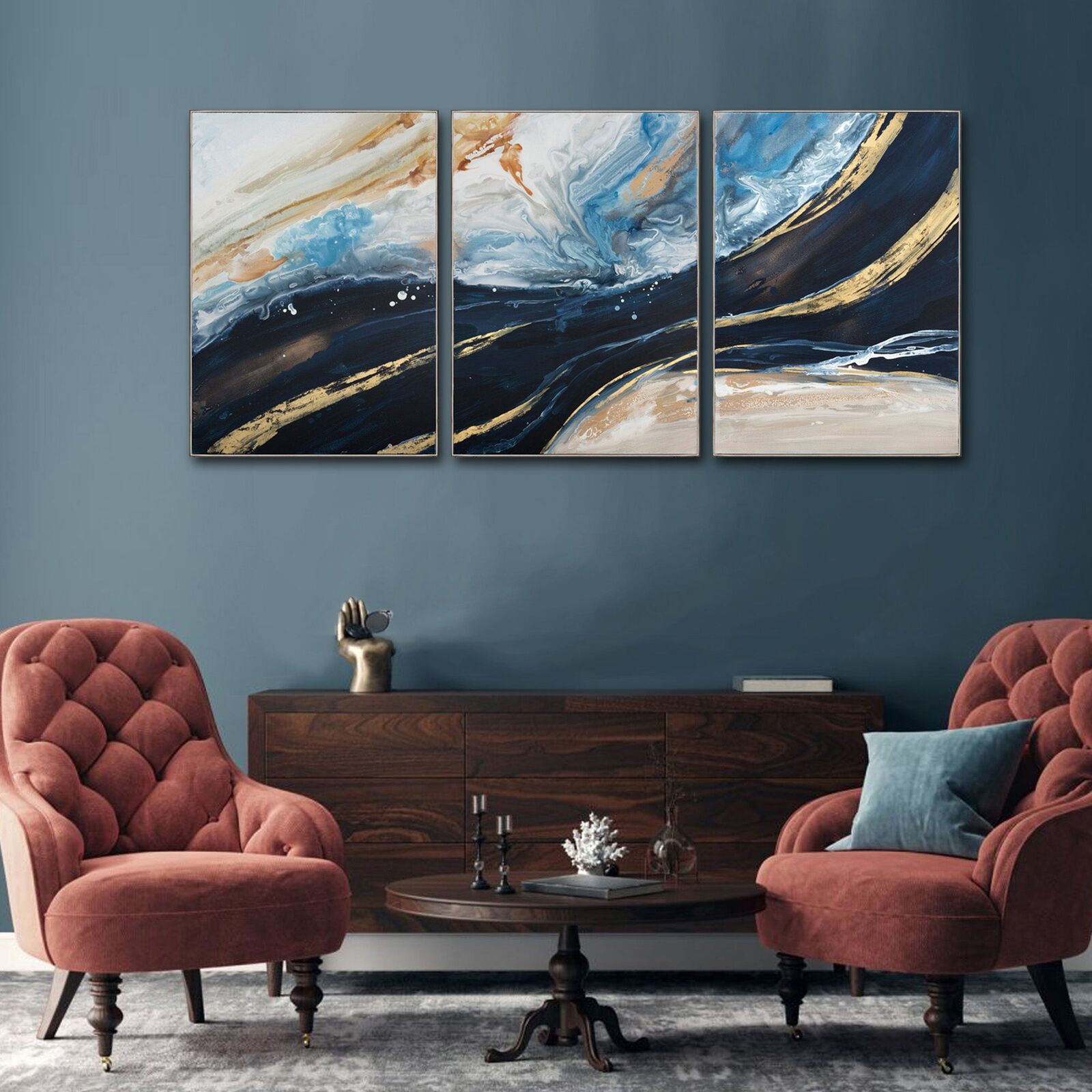 150X70cm Set of 3 Gold Framed Hand Painted Canvas Wall Art Price