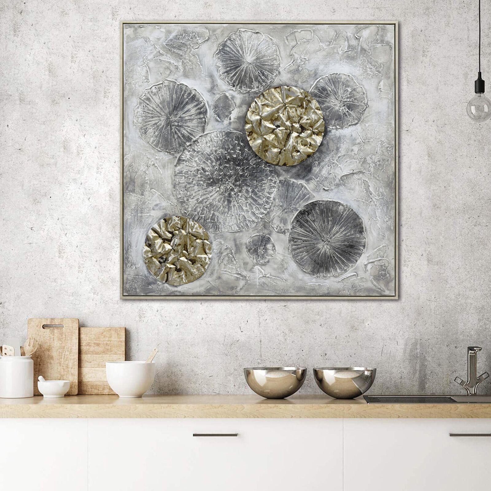 100X100cm Golden Orbs Amidst Ethereal Mists Light Wood Framed Hand Painted Canvas Wall Art Price
