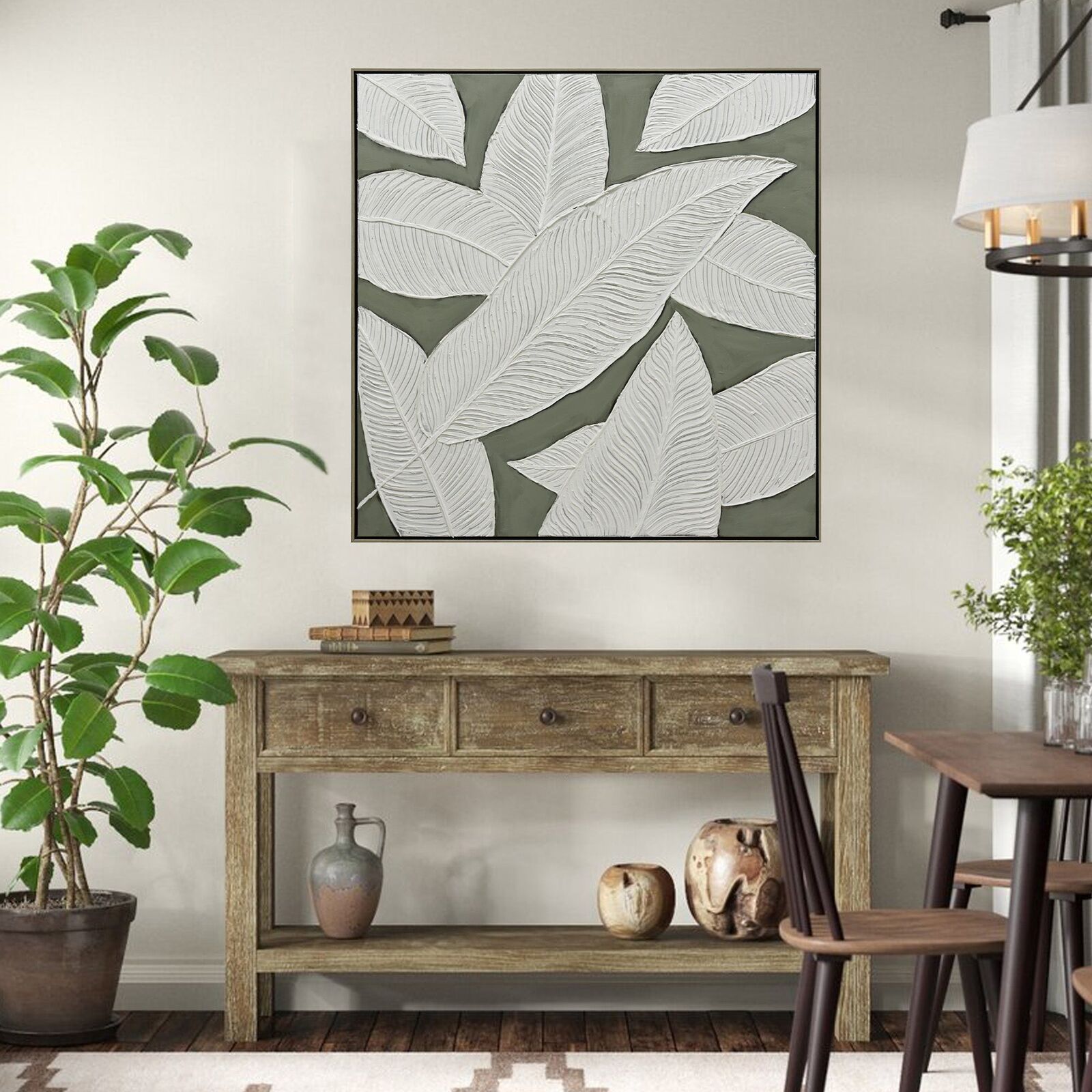 100X100cm Emerald Oasis: Leaves of Serenity Champagne Framed Hand Painted Canvas Wall Art Price
