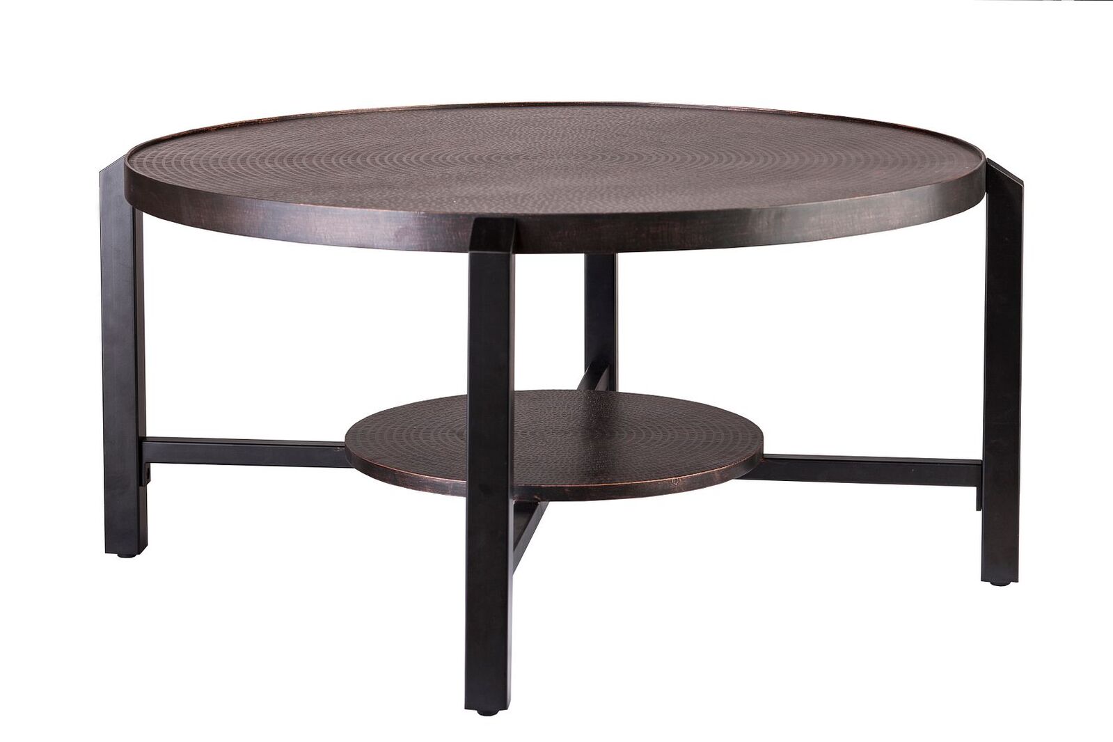 Black Round Coffee Table with Storage Shelf in Copper Finish Top Price