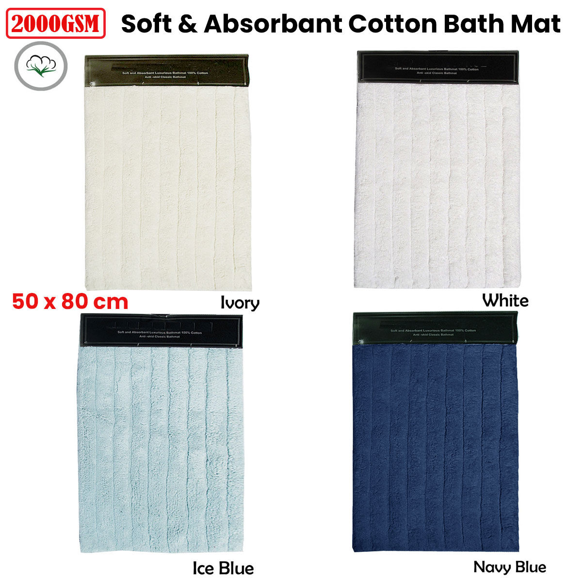 2000GSM Soft & Absorbant 100% Cotton Bath Mat 50 x 80cm Ivory Price