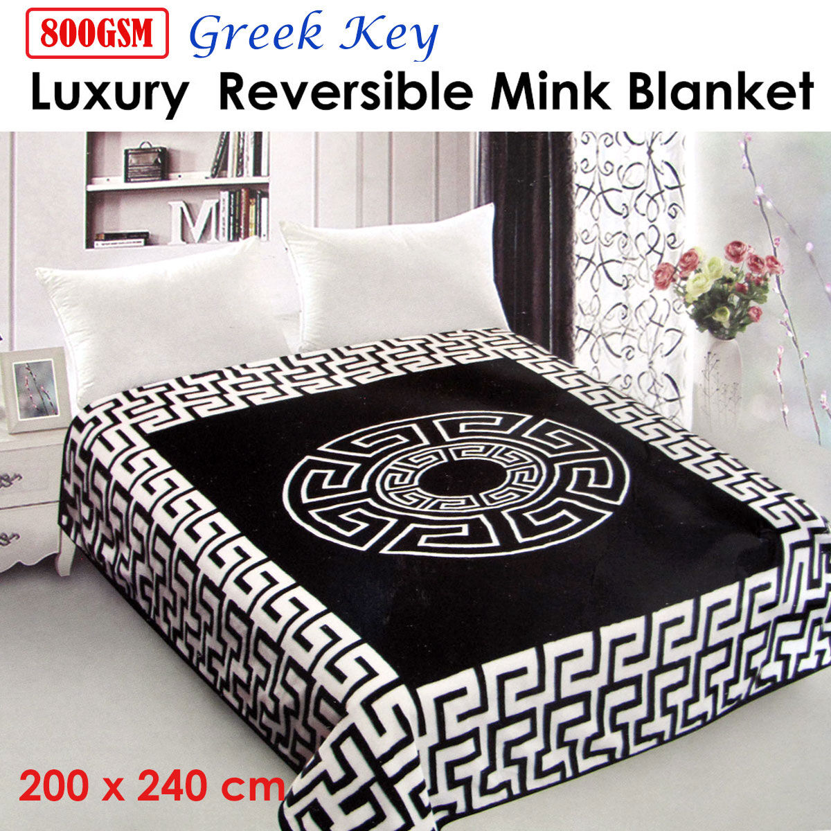 800GSM Luxury Reversible Mink Blanket Greek Key Black Queen 200 x 240 cm Price