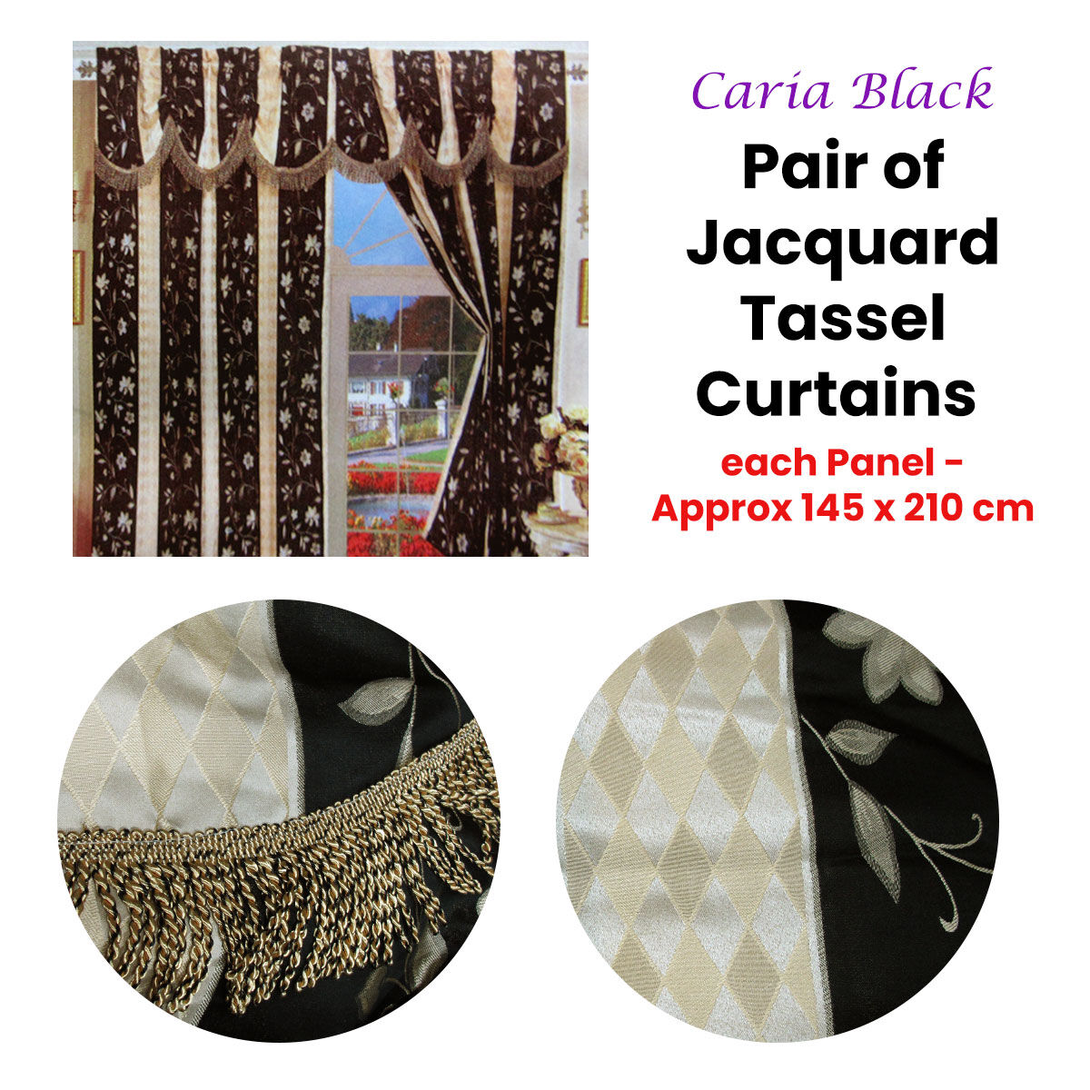 Pair of Caria Black Jacquard Tassels Unlined Curtains 145 x 210 cm Price