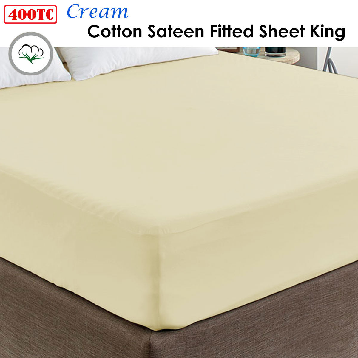 400TC Cream 100% Cotton Sateen Fitted Sheet King Price