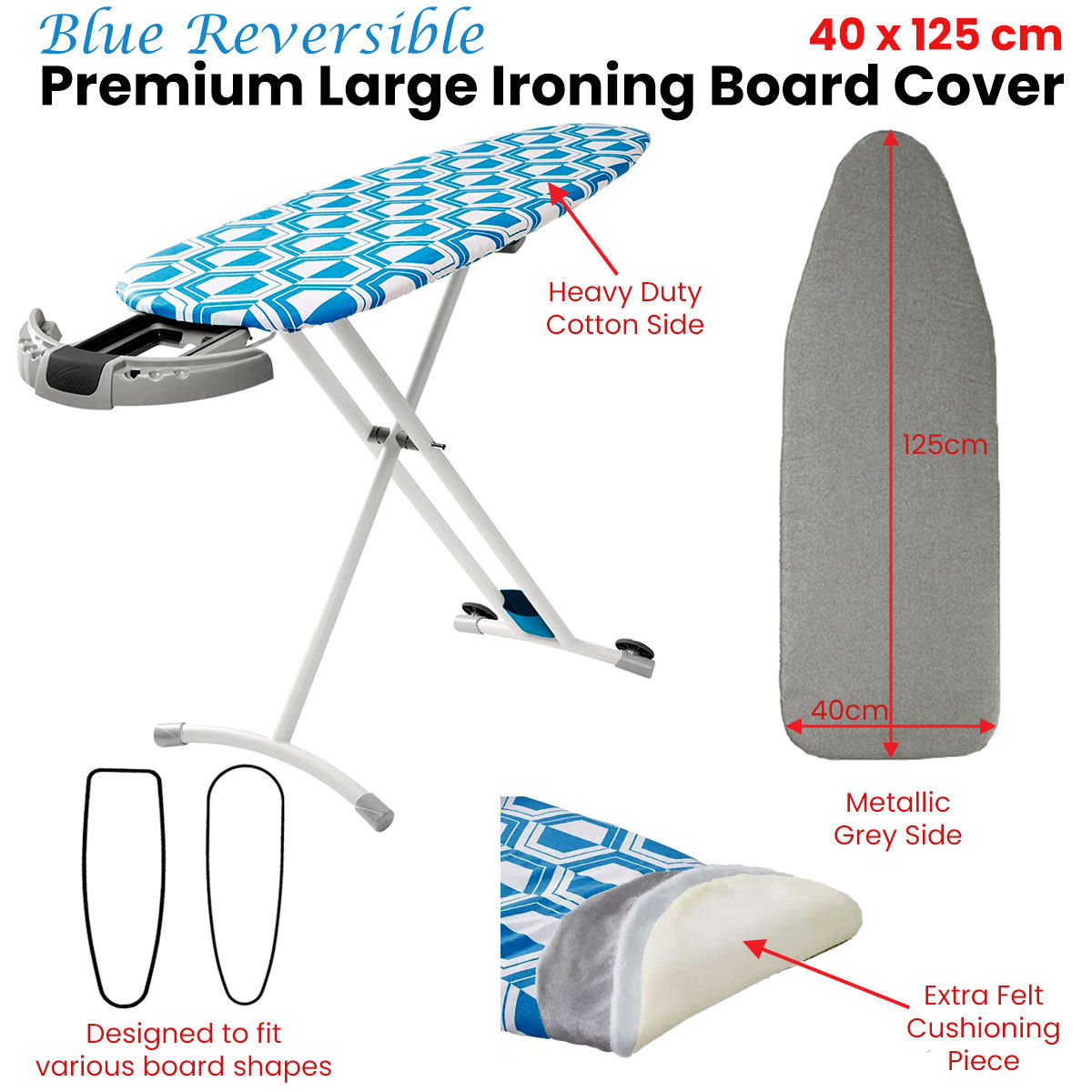Blue Reversible Premium Large Ironing Board Cover with Underlay 40 x 125 cm Price