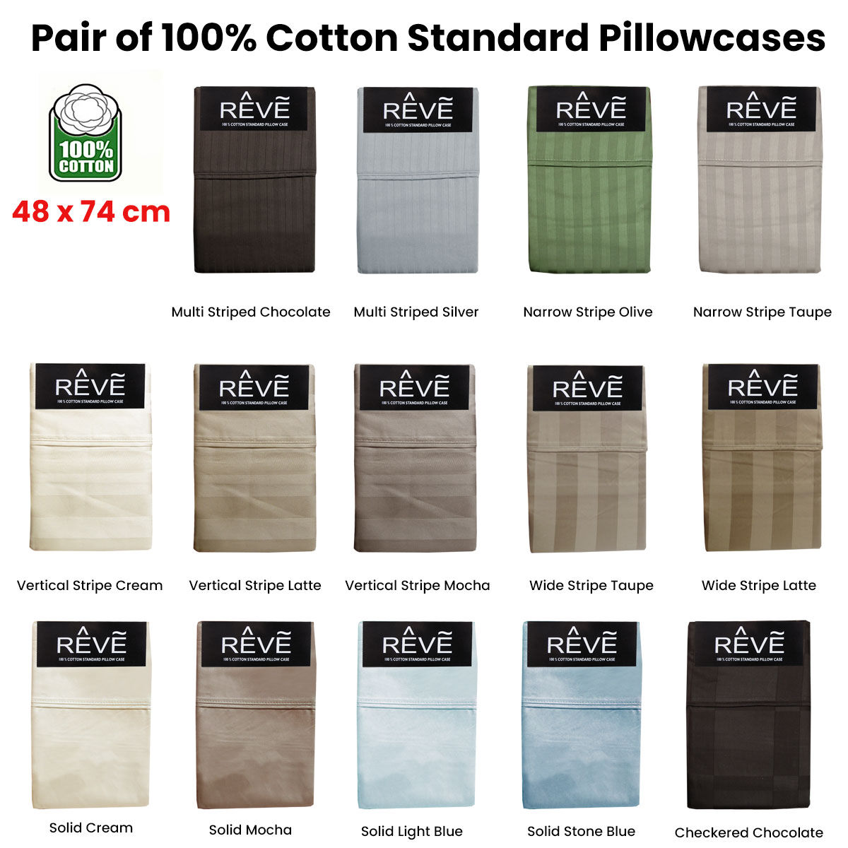 Pair of Reve 100% Cotton Standard Pillowcases 48 x 74 cm Multistripe Chocolate Price