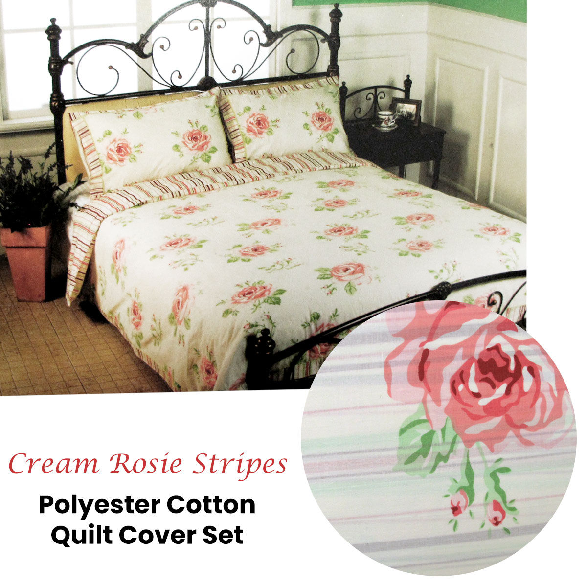 Cream Rosie Stripes Polyester Cotton Quilt Cover Set Queen Price