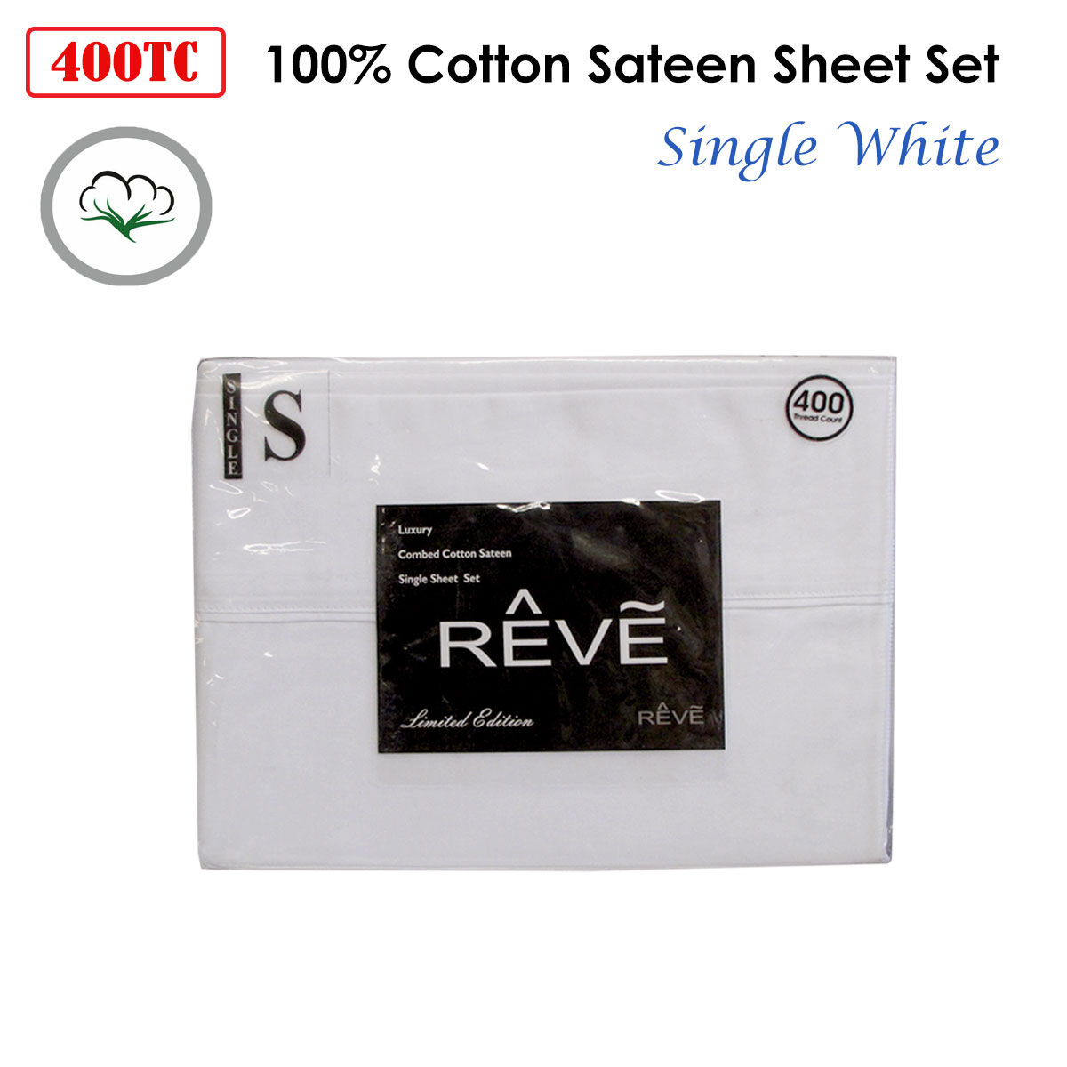 400TC Reve 100% Cotton Sateen Sheet Set White Single Price