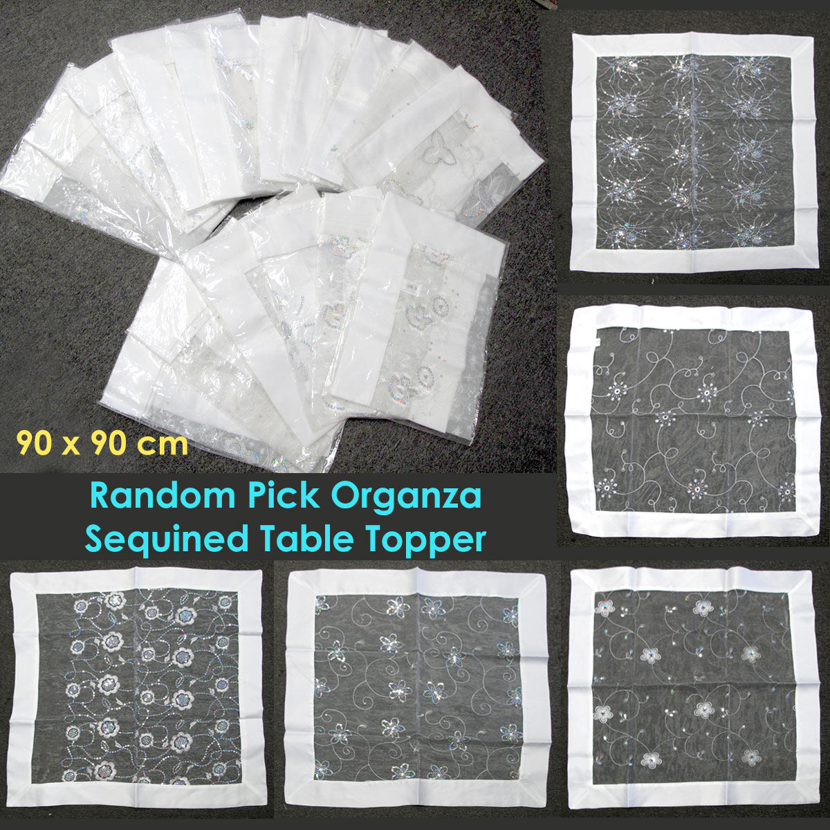 White Sequined Organza Glitter Table Cloth Topper 90 x 90 cm Price