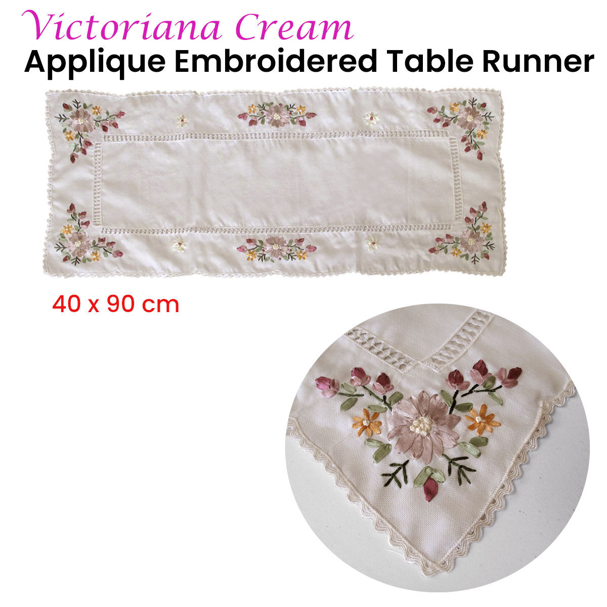 Victoriana White Applique Embroidered Table Runner 40 x 90 cm Price