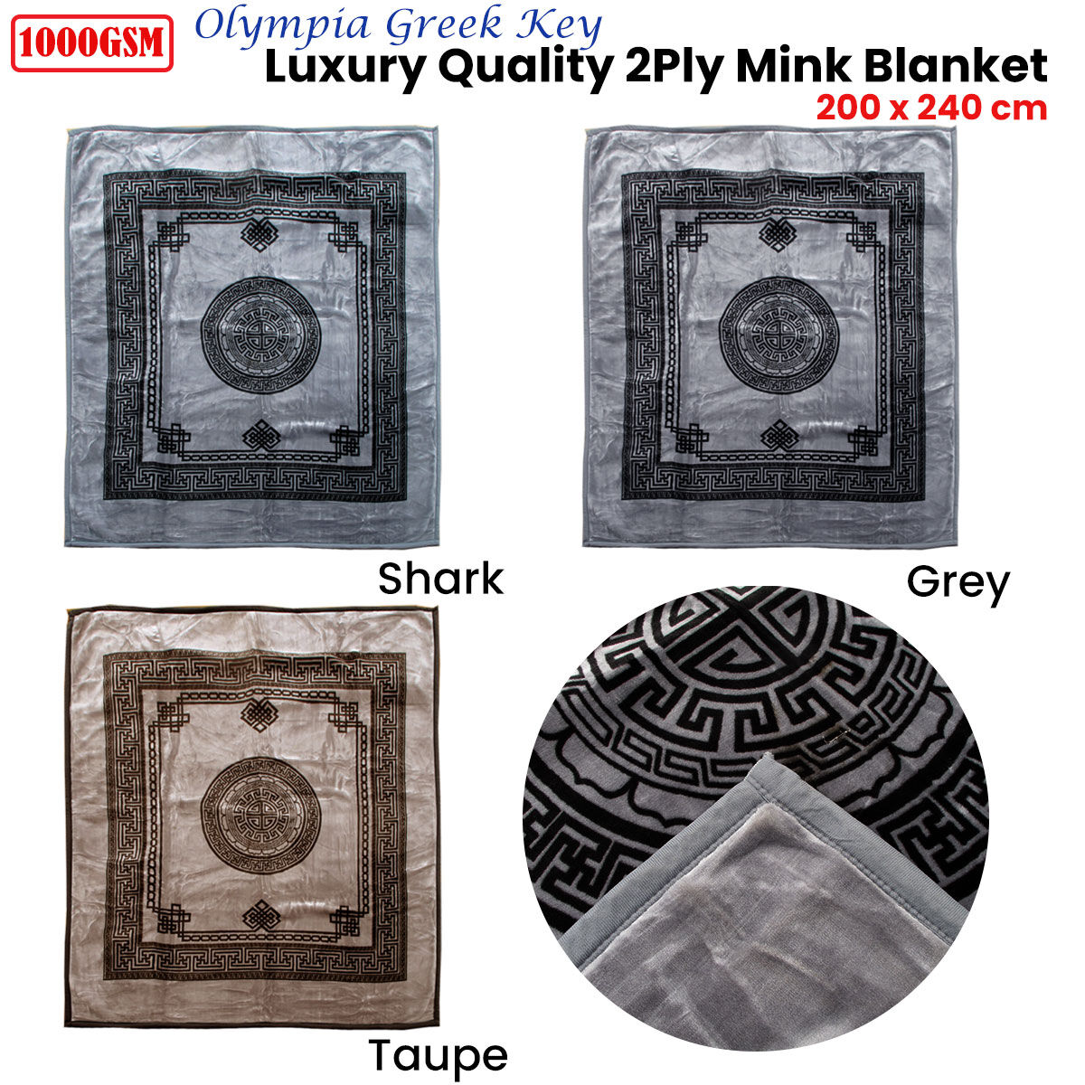1000GSM Olympia Greek Key Luxury Quality 2 Ply Mink Blanket Queen Grey Price