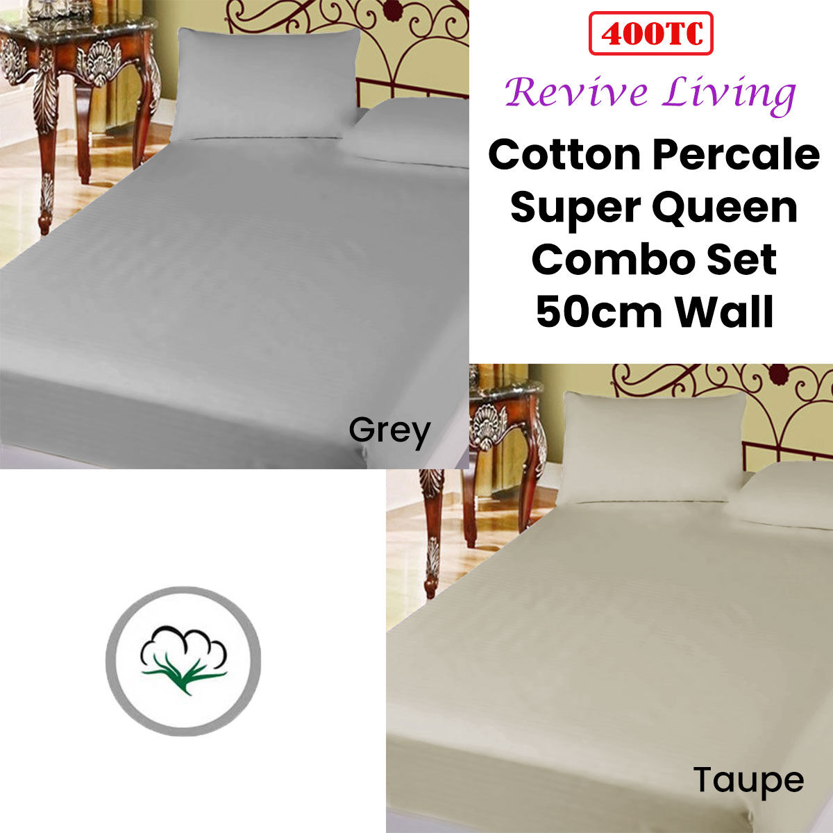 400TC Cotton Percale King Single Combo Set 50cm Wall Taupe Price