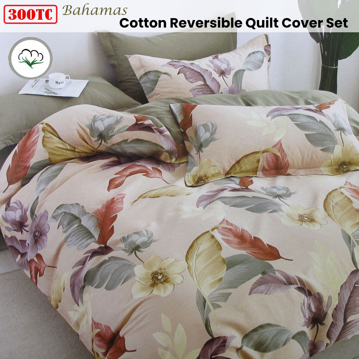 300TC Bahamas Taupe Reversible Cotton Quilt Cover Set Queen Price
