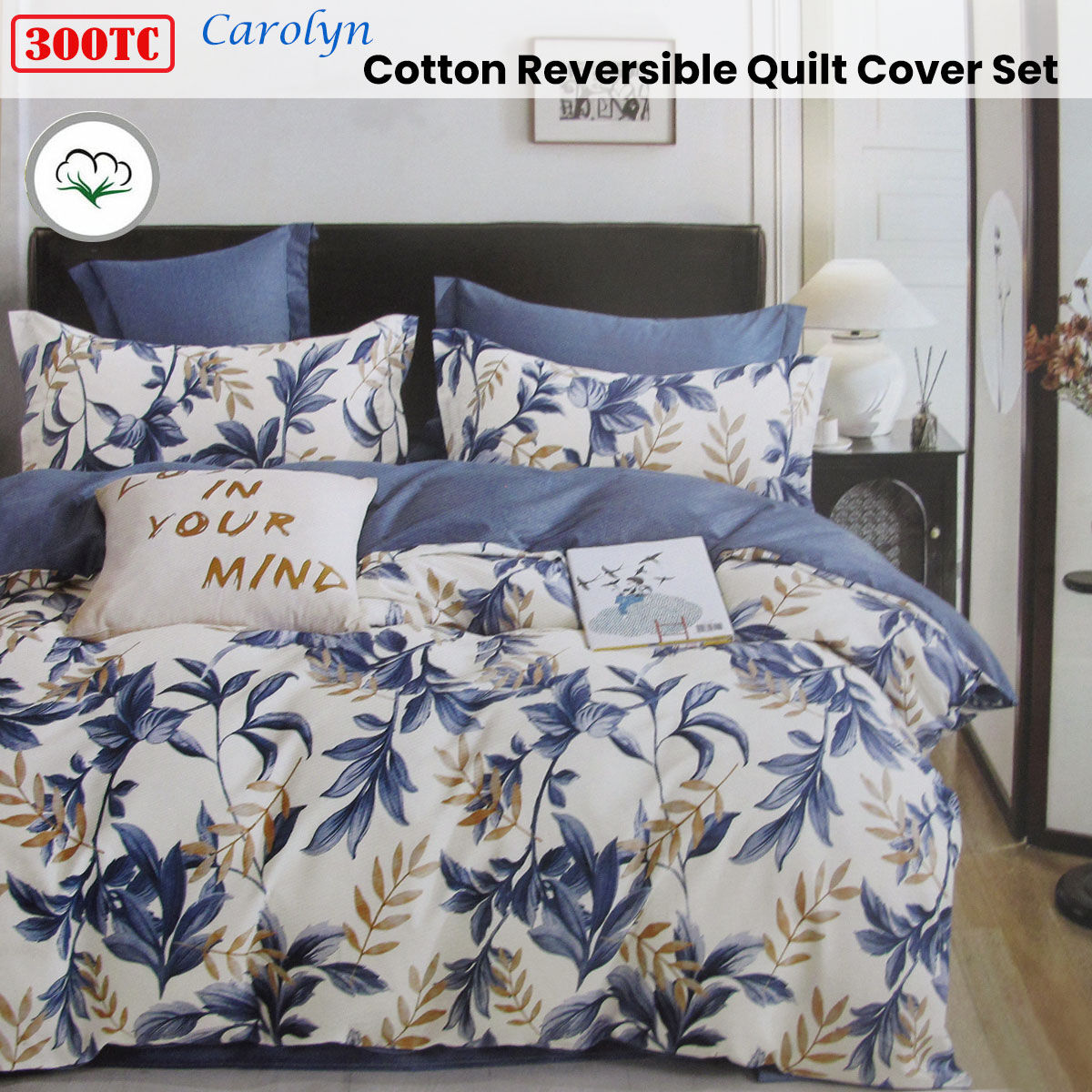 300TC Carolyn Blue Reversible Cotton Quilt Cover Set Queen Price