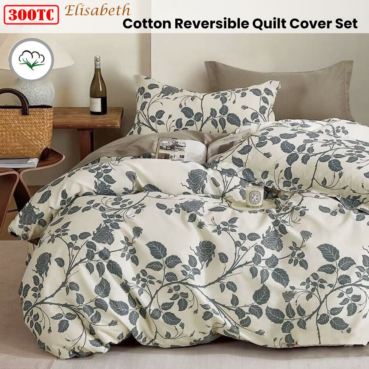 300TC Elisabeth Reversible Cotton Quilt Cover Set Queen Price