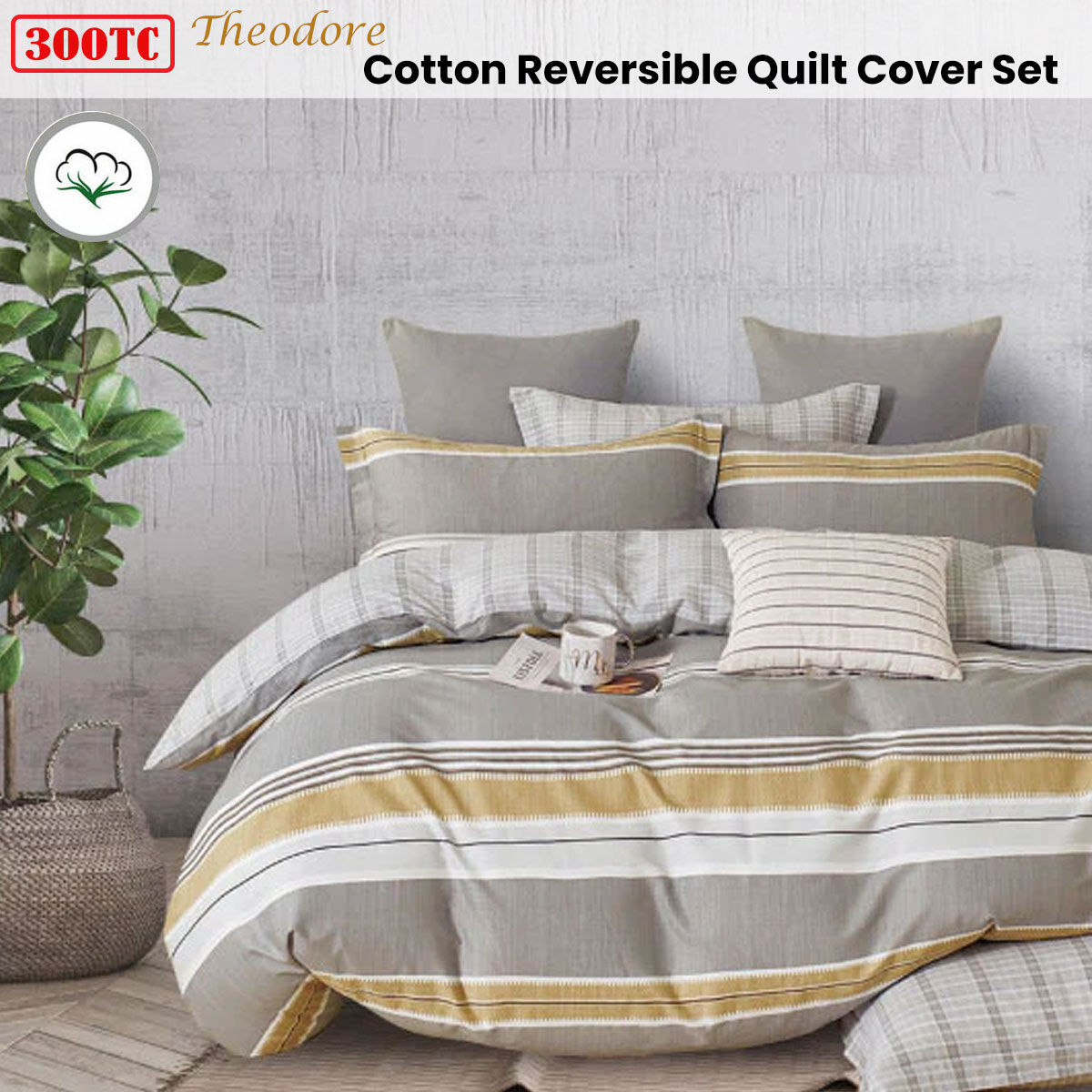 300TC Theodore Grey Reversible Cotton Quilt Cover Set Queen Price