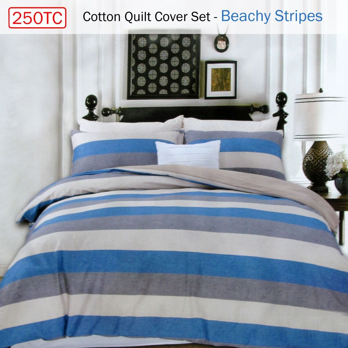 250TC Cotton Reversible Quilt Cover Set Beachy Stripes Queen Price