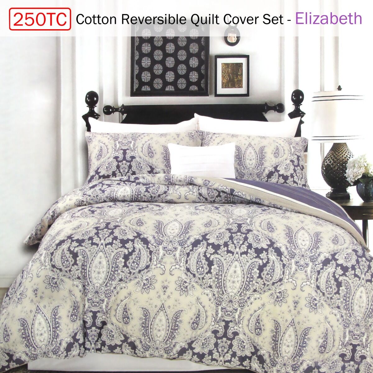 250TC Cotton Reversible Quilt Cover Set Elizabeth Queen Price