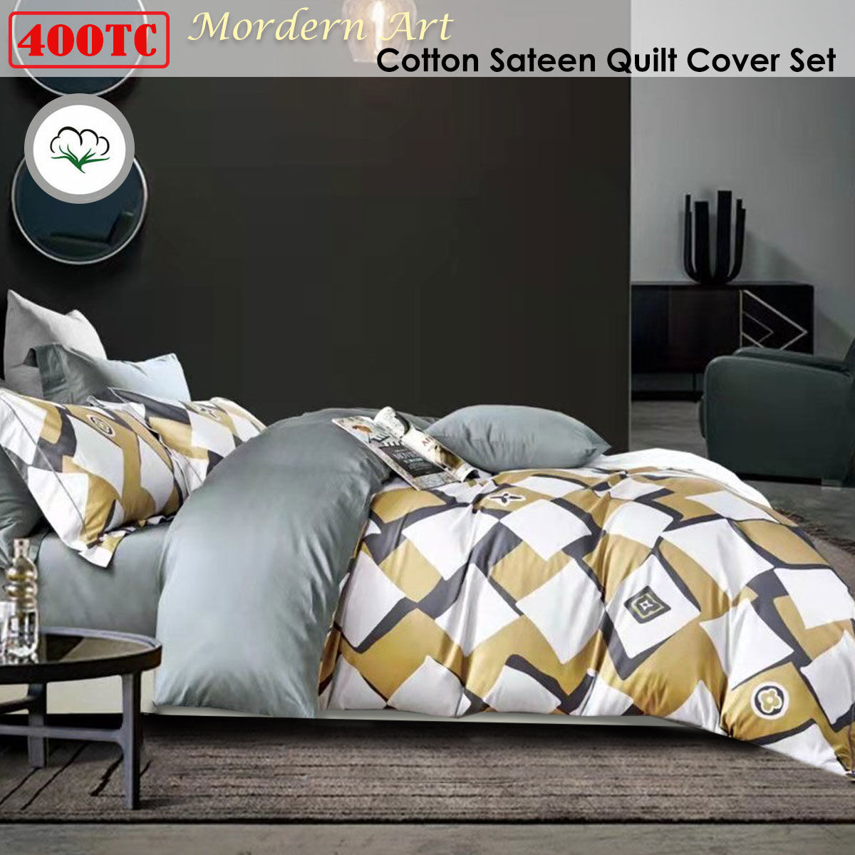 400TC Cotton Sateen Quilt Cover Set Modern Art Queen Price