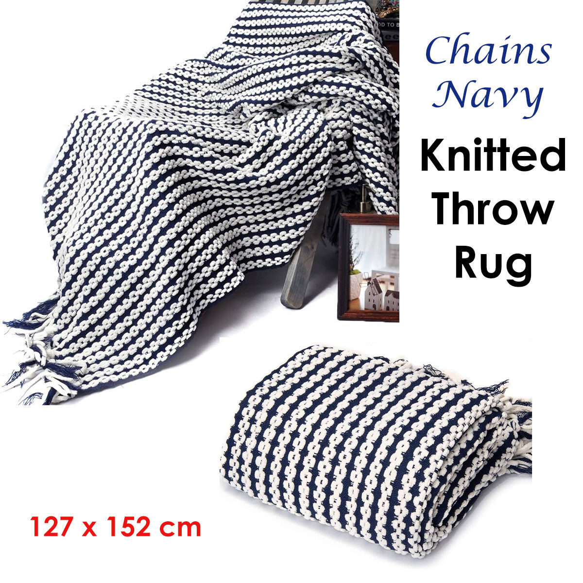 Chains Navy Knitted Throw Rug Price