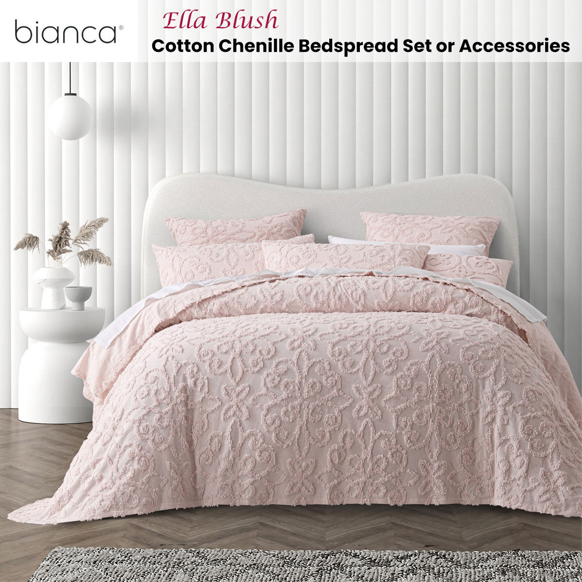 Bianca Ella Blush Cotton Chenille Floral Bedspread Set Single Price