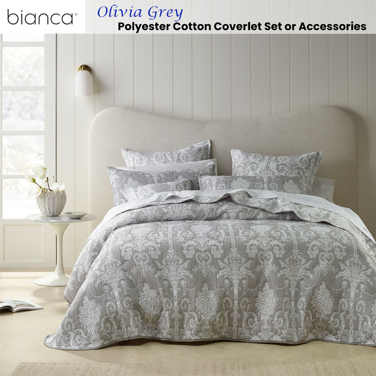 Bianca Olivia Grey Polyester Cotton Jacquard Coverlet Set Queen/King Price