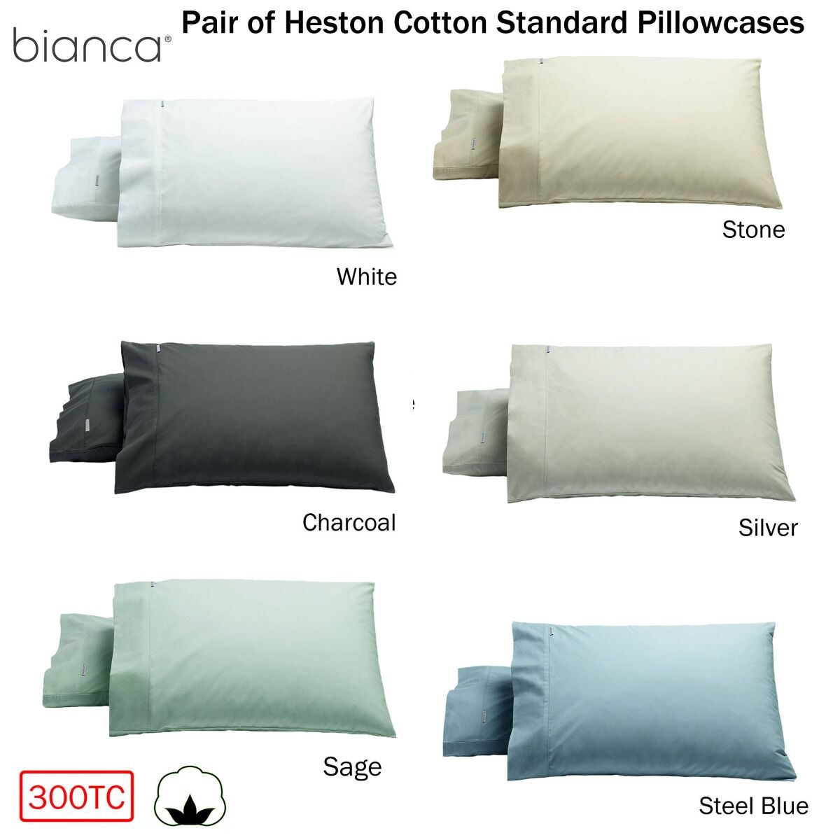 Bianca Pair of Heston Cotton Percale Standard Pillowcases Charcoal Price