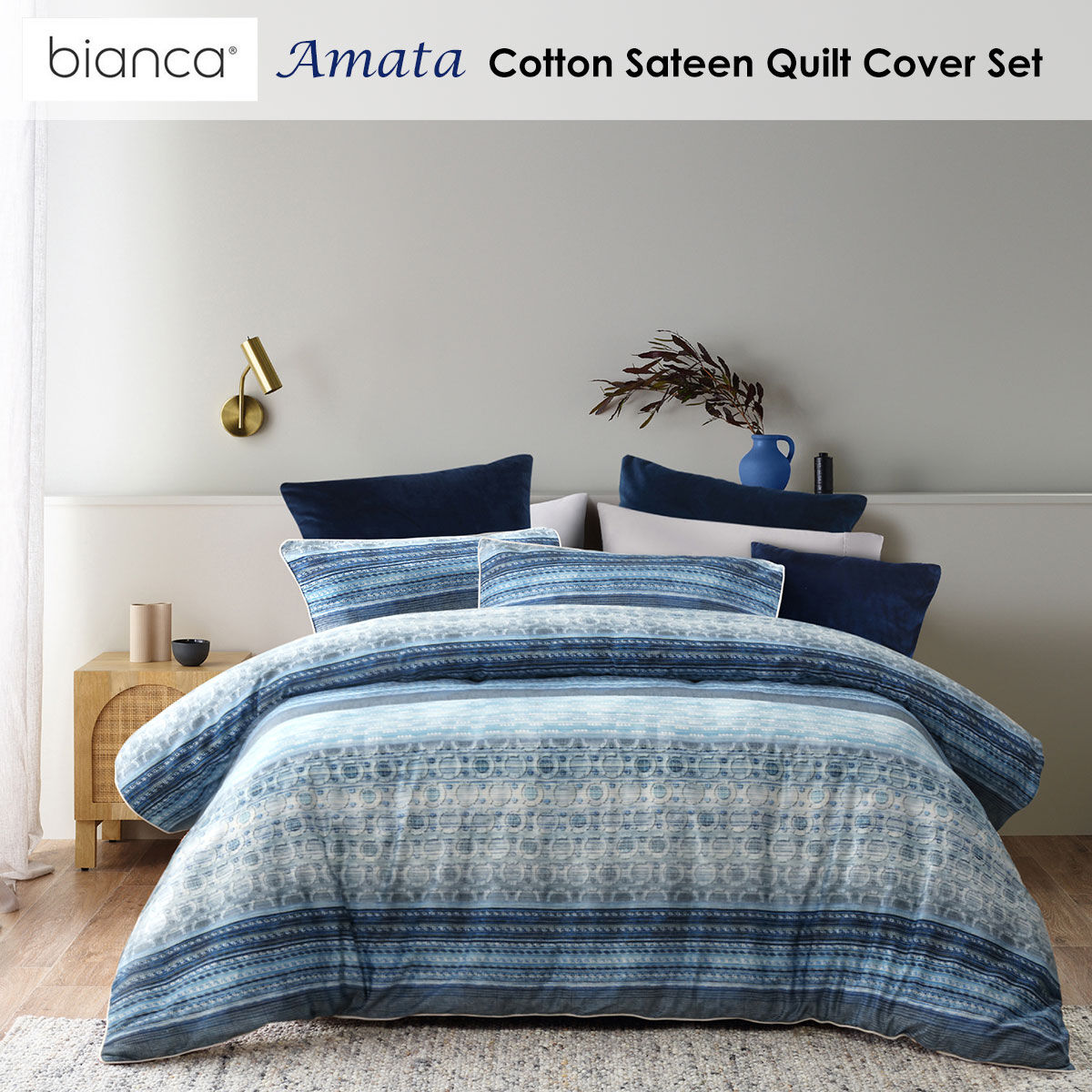 Bianca Amata Blue Cotton Sateen Quilt Cover Set Queen Price